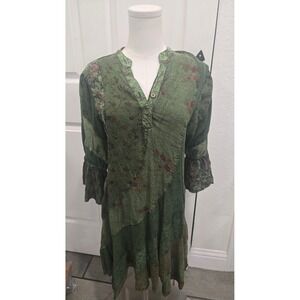 Young Threads Basil Green Patchwork Boho Dress Floral Paisley Viscose Medium NWT